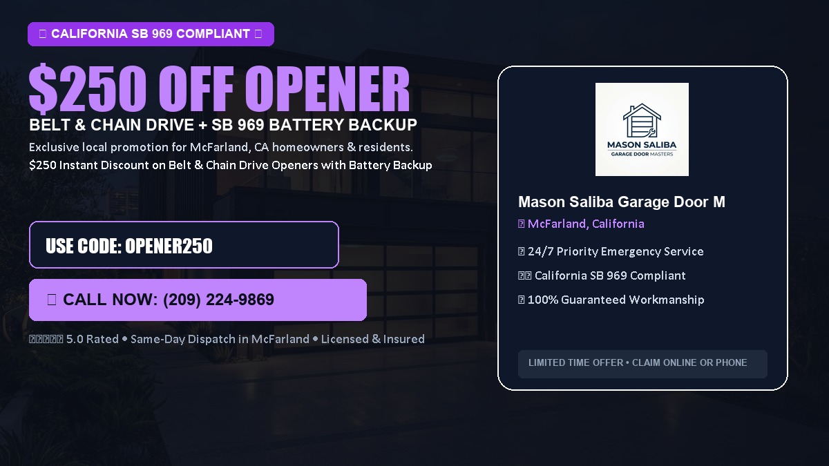 $250 OFF Smart Garage Door Opener Installation (Belt & Chain Drive with California SB 969 Battery Backup) in McFarland, CA
